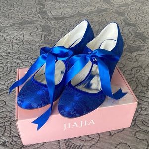 JIAJIA  Women's Shoes Closed Toe Stiletto Heel Lace Satin Pumps Ribbon Tie